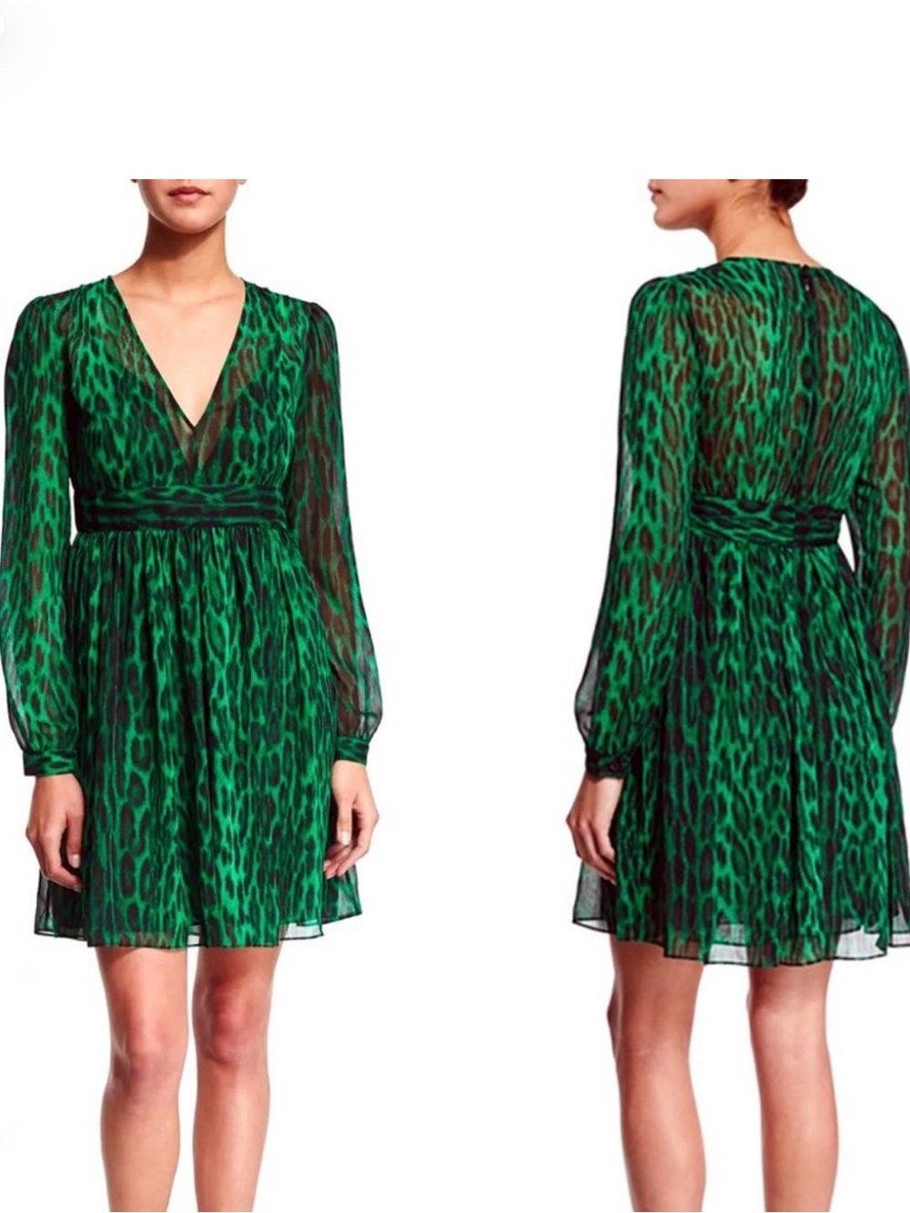 Michael Kors Green Animal-Print V-Neck Long Sleeve Dress